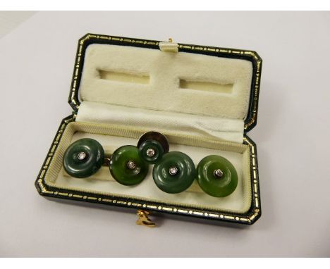 A Pair of Gentleman's 9 ct Yellow Gold Green Jade and Diamond Cuff Links, approx wt. 7.7 gms, together with a white gold jade