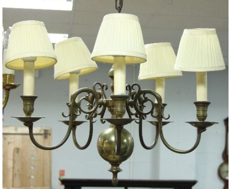 A Dutch brass five-light electrolier with scroll branches, 68cm high