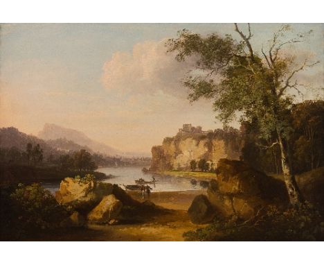 John Young (British 19th Century)/River Landscape with a Castle on a Cliff/possibly Mont Orgueil Castle in Jersey/signed lowe