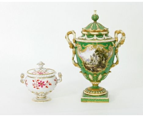 A Royal Worcester two-handled vase painted a classical landscape by Harry Davis within a border of gilt scrolls on an apple g