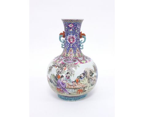 A large Chinese two-handled vase, Qing dynasty, circa 1900, the globular body decorated with figures at a garden table being 