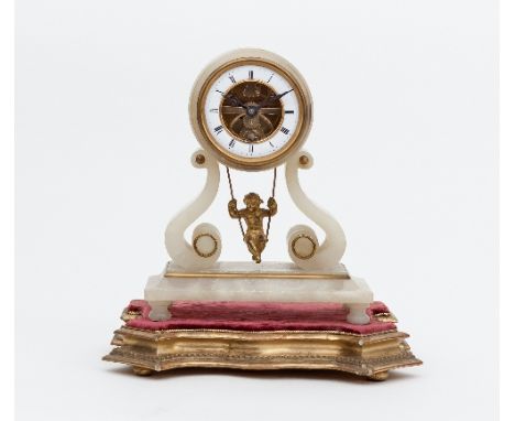 A 19th Century French onyx mantel clock with cherub swing pendulum, the cylindrical case on S-shaped supports and rectangular
