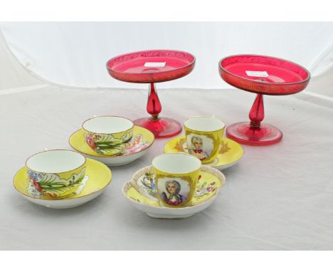 Two mid 19th Century Meissen cups and saucers, later decorated floral reserves on a yellow ground, blue crossed swords marks,