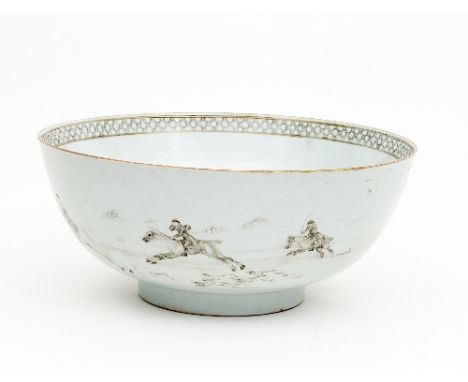 A large and fine Chinese export punch bowl, painted en grisaille with European stag hunting scene, 40cm diameter/see illustra