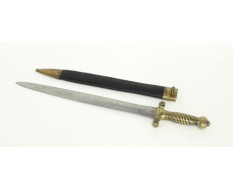 An early 19th Century French short sword with brass cruciform guard and thread grip, the blade with makers name rubbed, the h