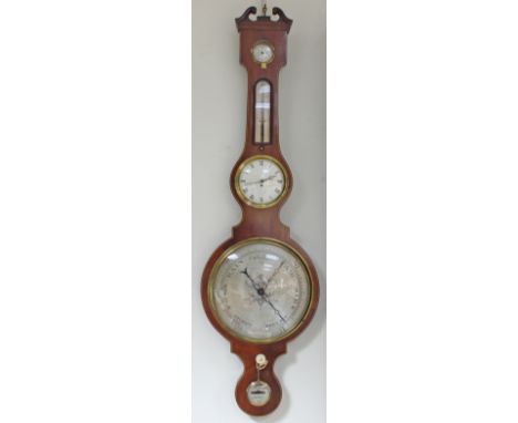 A fine five-piece mahogany wheel barometer, with humidity gauge, thermometer, clock and level, with swan neck cornice, 103cm 