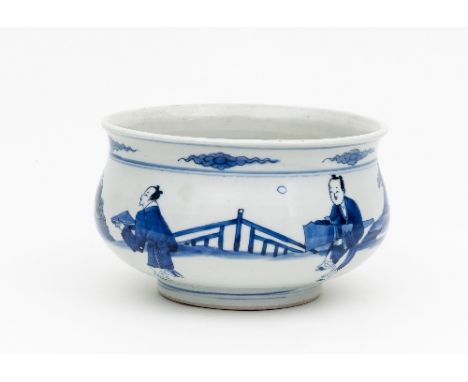 A Chinese blue and white bowl, Kangxi, painted in underglaze blue with figures in a landscape, 21.5cm diameter/Provenance: Th