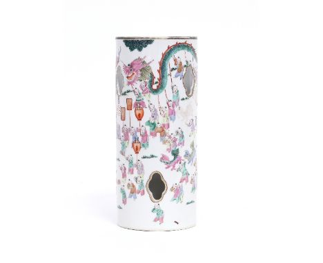 A Chinese famille rose porcelain lamp of cylindrical form painted with figures in pavilions, 29cm high Condition Report: the 