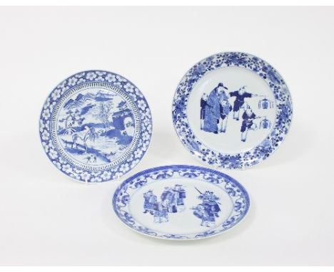 Two Chinese blue and white plates, 19th Century, each decorated in the Kangxi style with figures within a foliate border, 25.