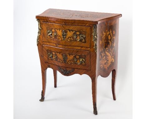 A Louis XV style rosewood and floral marquetry two-drawer serpentine commode, banded in satinwood and on cabriole legs with g