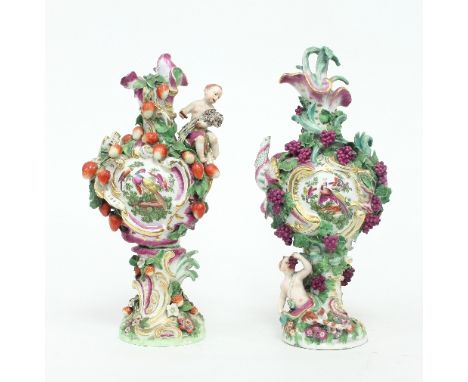 A pair of Continental figural vases, circa 1900, each emblematic of a season and painted reserves of exotic birds, 34cm high 