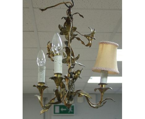 A gilt metal three-light electrolier, entwined flowers and foliage, 54cm high