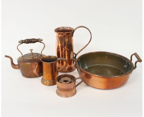 A 19th Century copper kettle with wooden handle, 23cm wide, a copper preserve pan, a copper jug, a mug and a copper chamber c