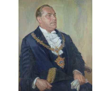 G R Corbett/Portrait of Cyril George Kemp/Mayor of Stratford-upon-Avon/half-length, wearing mayoral robes/signed/oil on canva