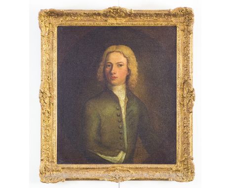 James Latham (Irish 1696-1747)/18th Century Portrait of a Young Man/half length, wearing a green coat/in a painted oval/oil o