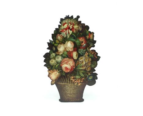 A wooden fire screen painted with a basket of summer flowers, 71cm high