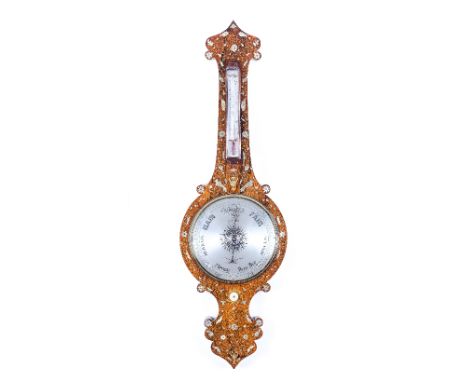 A two-part wheel barometer, Grassi of Wolverhampton, in a fine rosewood case inlaid in shell with birds and flowers, 101cm hi