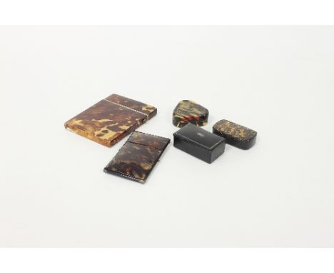 A tortoiseshell card case and two boxes, an ebonised snuff box and a faux tortoishell card case