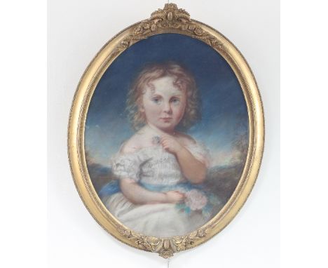 19th Century English School/Mary Elizabeth Galloway/when a child, holding a rose/half length portrait, oval/pastel, 54cm x 43
