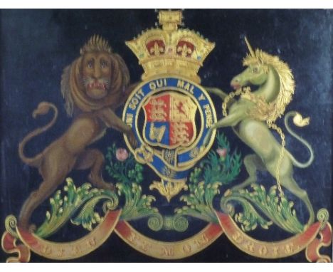 An armorial coach or carriage panel, painted with the Royal coat of arms onto panel, 49cm x 63cm Condition Report: There is a