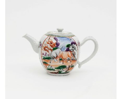 A Chinese famille rose teapot and cover, Qianlong, circa 1700, decorated with panels of bulls fighting and with moulded handl