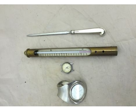 A silver pistol grip paperknife; together with a  Dansk clock, cased grain thermometer and an Ingersoll watch