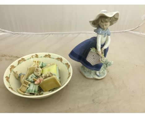 A Lladro girl with basket; together with a Bunnykins bowl and ceramic mice