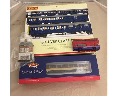 A cased Hornby BR 4 VEP Class 423, Bachmann Class 419/MLV Lyons Corner Shop; together with an EFE Leyland Titan diecast bus