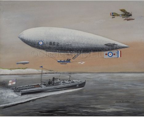 δ NORMAN WILKINSON (BRITISH, 1878-1971) Airship SS7 R.N.A.S; torpedo boat CMB; short sea plane 1918 Signed and dated '18 (low