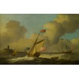PETER MONAMY (BRITISH, 1681-1749) - Two Admiralty yachtsoff a coastal fortress, the 3-master riding