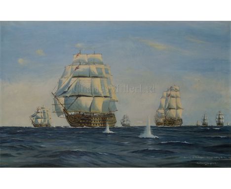δ ROWLAND LANGMAID (BRITISH, 1897-1956) Opening of Trafalgar. Victory leading the Van 1805 signed 'Rowland Langmaid' lower ri