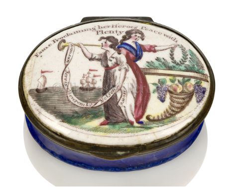 A BILSTONWARE PATCH BOX CELEBRATING THE PEACE OF AMIENS, CIRCA 1803 the lid with two allegories of Fame and Plenty inscribed 