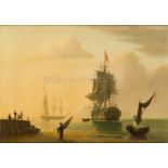 ENGLISH SCHOOL, 19TH CENTURY Beach scene with a man o'war at anchor