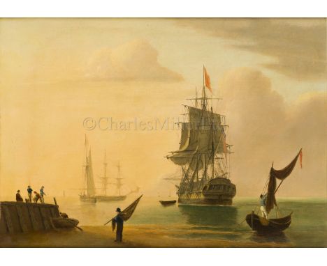 ENGLISH SCHOOL, 19TH CENTURY Beach scene with a man-o'-war at anchor Oil on canvas 12½ x 17½in. (32 x 44.5cm.); together with