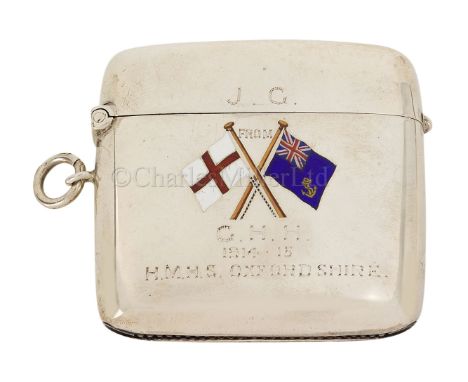 A FASCINATING MEMENTO OF THE GREAT WAR’S FIRST HOSPITAL SHIP a silver vesta case, hallmarked Birmingham, 1912-13, the front b