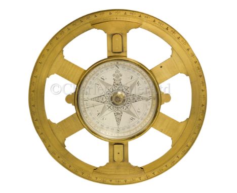 AN 18TH CENTURY CIRCUMFERENTOR unsigned , with 5in. silvered compass with engraved boss and jewelled pivot, mounted on lacque