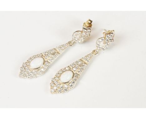 Pair of silver CZ and opal panelled drop earrings