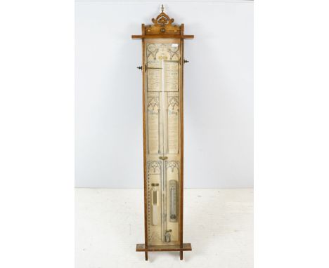 Admiral Fitzroys oak cased barometer, with thermometer, the oak case with gilt metal finial and mounts, 112cm high x 25.5cm w