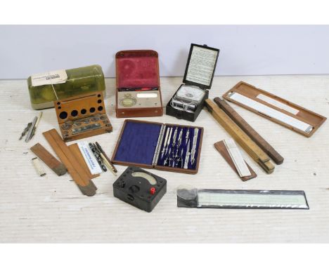 Cased draughtsman's set and implements, quantity of rules, mainly wooden with a Victorian example, Ohaus precision scales and