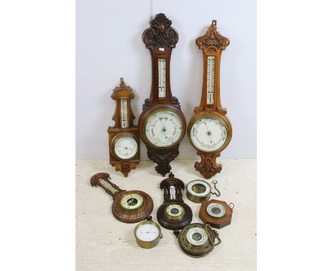 Collection of barometers, to include: E Bourdon and Richards patent Paris, Metallic Barometer, M Bonshor. Leic's. oak cased a