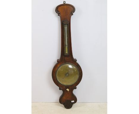 J Whipp, Rochdale mahogany carved wall hanging banjo barometer with brass face, H 94cm