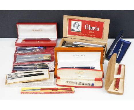 A collection of mixed Fountain and rollerball pens to include Sheaffer, Scriptura and novelty examples.