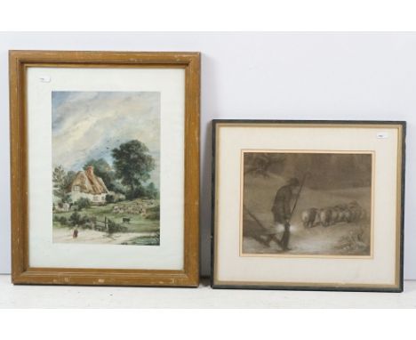 Early 20th century English school, shepherd carrying a lantern herding his sheep, pastel, 22.5 x 28cm and late 19th century /