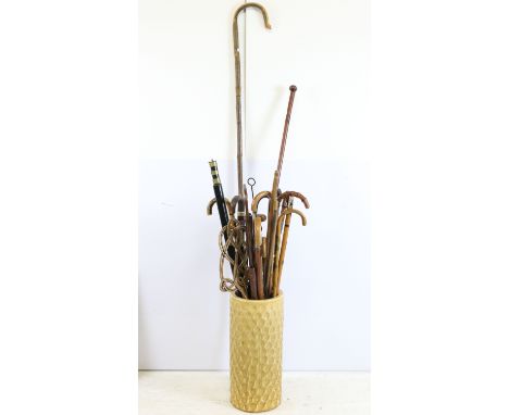 large ceramic umbrella stick stand together with a large quantity of walking sticks in varying forms and designs together wit