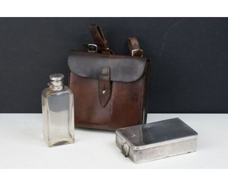 Early 20th century James Dixon leather cased hunting picnic set comprising a silver plated sandwich box and a glass hip flask