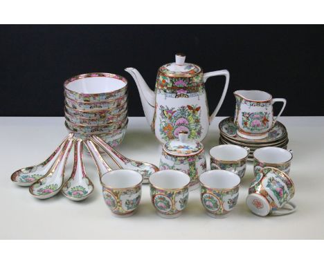 Hand painted Chinese famille rose tea set to include teapot, lidded sugar pot, milk jug, six cups and saucers and six small b
