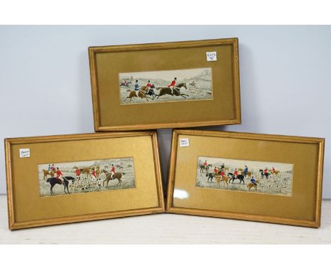 Set of three micro stitch pictures of hunting scenes, each 5 x 15cm, all framed and glazed (3)