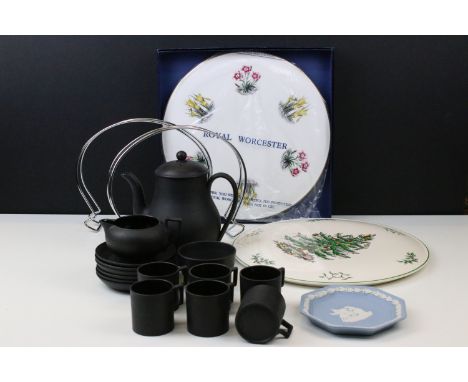 Wedgwood black basalt coffee set comprising of coffee pot, six cups and saucers, sugar bowl and milk jug together with a Wedg
