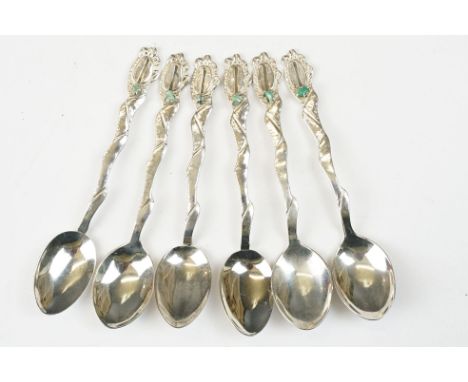 Set of six silver 900 grade teaspoons, each with a wavy handle set with a jade stone