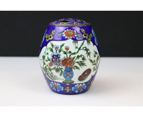 Chinese cloisonné tea caddy and cover of barrel form decorated with butterflies, flowers and vases on a blue ground with whit